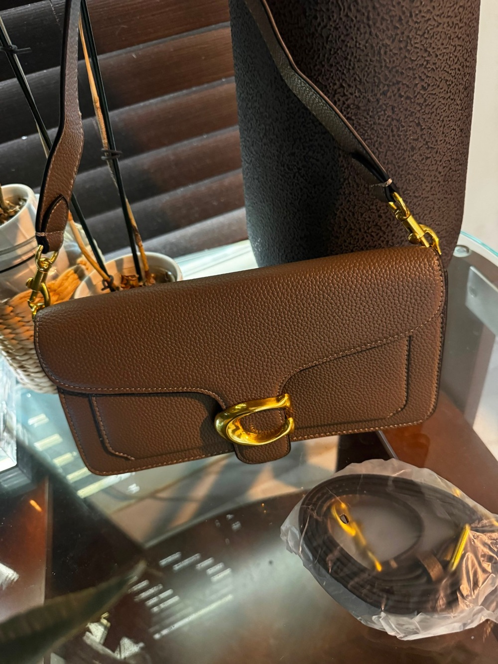 Brown Leather Crossbody Bag with Gold Hardware